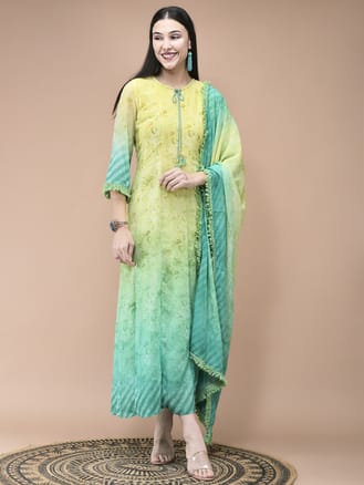 Women Georgette Lemon green Yellow Floral Print Dress With Dupatta