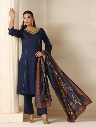 Women Liva Navy Blue Solid Kurta Comfort Pant Dupatta