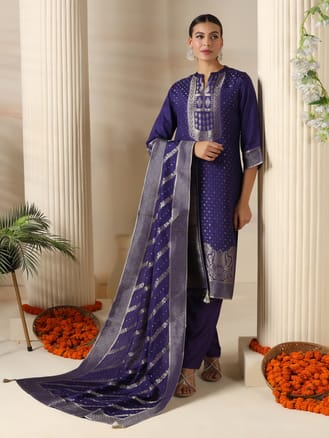 Women Dola Silk Jacquard Purple Kurta Comfort Pant Dupatta