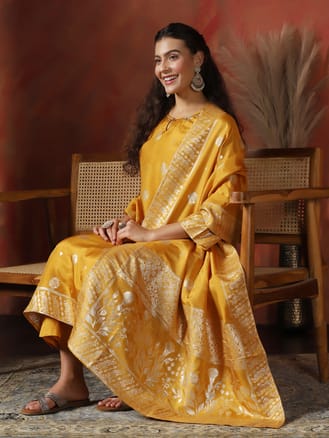 Women Dola Silk Jacquard Yellow Kurta Comfort Pant Dupatta