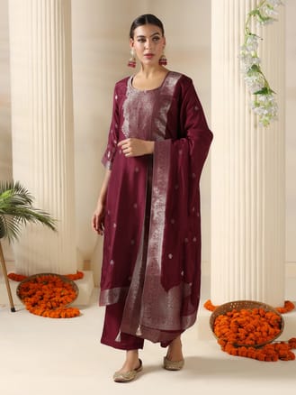 Women Dola Silk Jacquard Burgundy Woven Kurta Comfort Pant Dupatta
